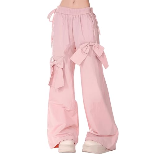 Baggy Cargo Pants with Pockets Women Drawstring High Waisted Cute Bow Y2K Casual Wide Leg Trousers Lounge Pants