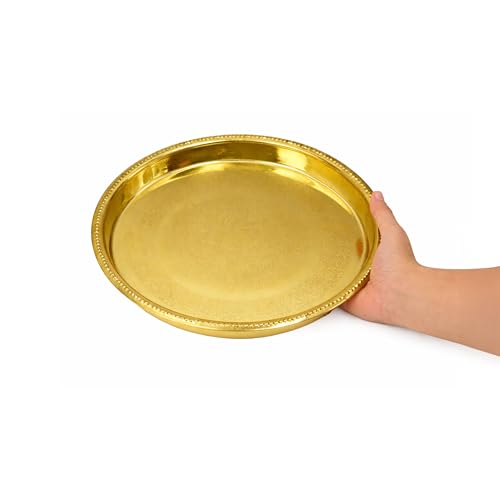 Image of Spillbox Brass Pooja Thali for Mandir Traditional Pital Puja Engraved Aarti Thali for Diya Kumkum Haldi Hindu Prayer Worship Plate for Temple Home Pooja Festival Use[250g]-9inch-Petal Plate