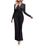 LIZALIG Women's V - Neck Solid Color Maxi Dress Cinched Waist & Knot - Detail for Art Gallery Opening, Graceful & Fashionable