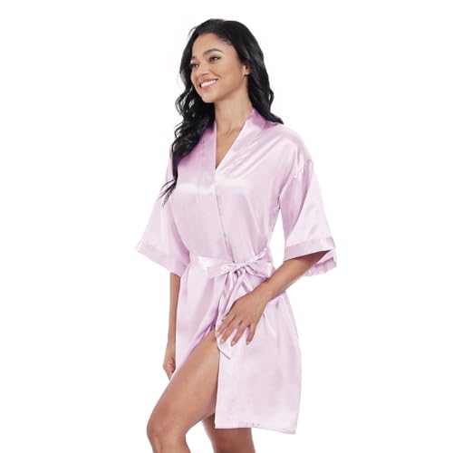 Image of Women's Short Satin Robes Lightweight Silky V-Neck Sleepwear Wedding Bridal Party Bride Bridesmaid Bathrobes