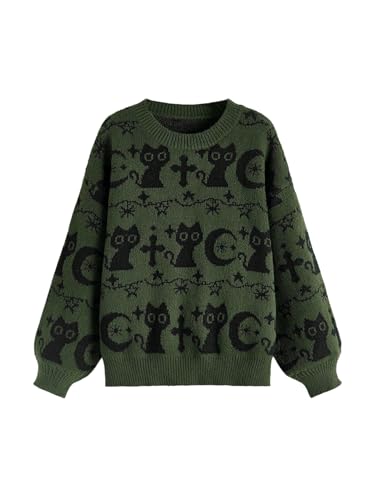 Image of WDIRARA Women's Goth Cartoon Pattern Sweater Long Sleeve Crewneck Knit Pullover Top