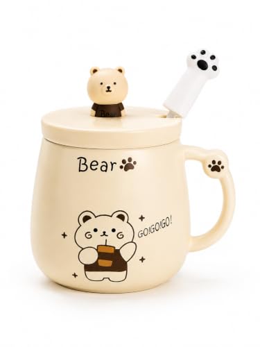 NQQNQQ Bear/Beige 400ML Ceramic Coffee Mug with Lid and Claw Spoon, Cute Bear-Themed Mug for Tea & Coffee for Holidays and Celebrations - image 1