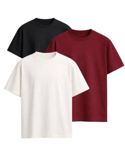 Image of VEL Plain 100% Heavy Cotton Oversized T-Shirt Baggy Fit Drop Shoulder Half Sleeves Round Neck Solid 100% Cotton T-Shirt for Men (Pack of 3)