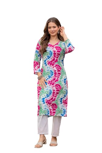 Image of Women's Tie-Dye Printed Kurti, V-Neck, 3 /4 Sleeves, Multicolour, Casual Wear