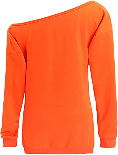 Image of Women Halloween Pullover Shirts Slouchy Pumpkin Long Sleeve Sweatshirts Off Shoulder Tops