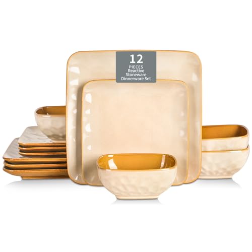 vicrays Ceramic Square 12 Pieces Dinnerware Set - Dinner Plates Salad Plates Cereal Bowls Set...