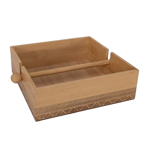 Servilletero de Bambú 18.5x18.5x6cm con Barra Deslizante y Diseño Grabado, Perfecto para Mesa de Comedor, Oficina o Cafetería