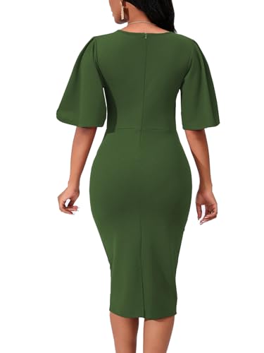 Image of WanMem Womens Basic Bodycon Ruffle Flared Short Sleeve Pencil Midi Dress