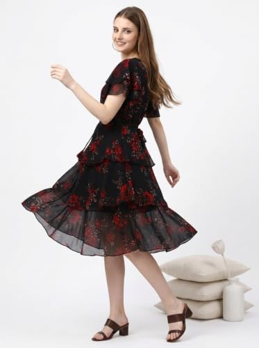 Image of Women Layered Georgette Fit & Flare Midi Dress | Round Neck Flutter Sleeve Knee Length Dress | Tiered Party Dress for Women Evening and Casual Styling