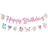 Glitter Floral Happy Birthday Banner with Butterfly and Wildflower Design, Elegant Pastel Hanging Sign Garland for Women, Girls, Birthday, Baby Shower, Spring Party Decorations