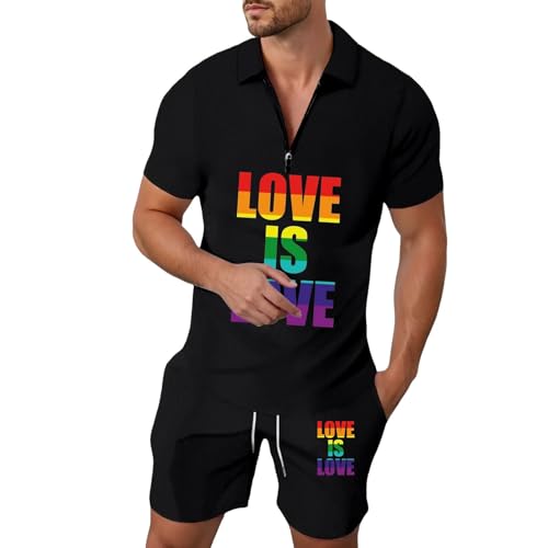 Bkazwe CSD Monat 2025 Herren Regenbogen Trainingsanzug - LGBTQ+ Pride Kurzarm Polo & Shorts Set, Schnelltrocknend Jogginganzug für Sommeraktivitäten
