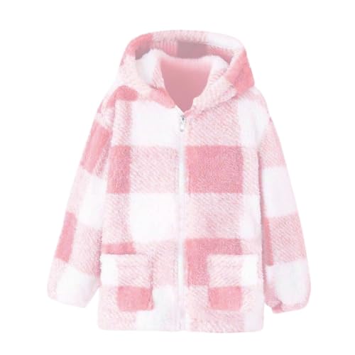 Image of NSQFKALL Boys Girls Fuzzy Plaid Jackets Long Sleeve Zip Up Plush Hooded Fall Winter Warm Outerwear Coats (Pink, 9-10 Years)
