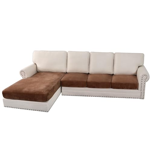 H.VERSAILTEX Velvet Stretch Sectional Couch Covers 4 Pieces Sofa Seat Cushion Covers L Shape Separate Cushion Couch Chaise Cover for Both Left/Right Couch (Large Sofa 3 Seater + 1 Chaise, Caramel)