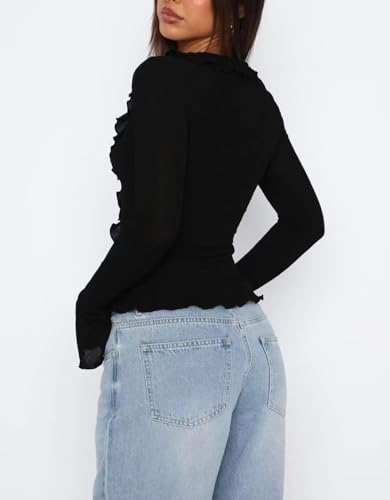 Women's Deep V Neck Long Bell Sleeve Button Down Ruffle Crop Shirt Top Blouses3