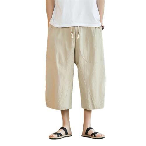 Pohullan Chinese Style Men Linen Pants Men Wide Leg Trousers Male Hip Hop Joggers Calf-Length Pants