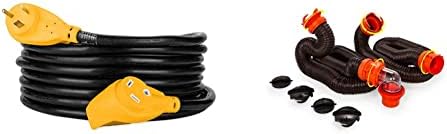 Camco PowerGrip RV Extension Cord | Features Power Grip Handles and an Extremely Flexible Design | 30-Amp, 10-Gauge, 25 Feet (55191) & 20' (39742) RhinoFLEX 20-Foot RV Sewer Hose Kit, Black, Brown