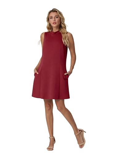 HiMONE Women’s Mock Neck Mini Dress Sleeveless A-Line Swing Dress with Pockets Casual Soft Stretch Summer Dress Wine Red — view 4