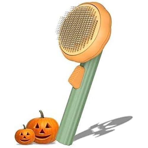 Awpland Pet Pumpkin Self Cleaning Slicker Brush, Cat Massage Comb with Button and Soft Bent Pain-Free Bristles for Shedding and Grooming, Removes Loose Undercoat Gently Tool for Dogs Cats Puppy Rabbit