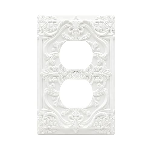 Decorative Outlet Covers Chalk White 3D Floral Embossed 1 Gang Duplex Light Switch Cover Plate Unique Wall Plate Electrical Switch Plate Covers for Bedroom Home Decor