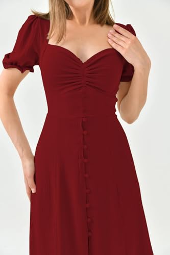Image of Shasmi Girl's & Women's Solid Midi Dress - Elegant Square Neck Button-Down Dress with Puff Short Sleeves | Stylish Casual & Party & Office Wear Outfit (Dress 105)
