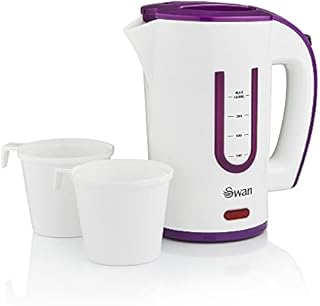 Swan SK27010N Dual Voltage Fast Boil Lightweight and Compact Travel Kettle with Two Tea Cups, Plastic, 1000 W, White/Purple, 0.4 Litre