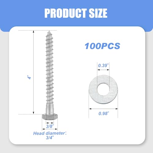 Image of 100 Pcs 3 /8 inch x 4 inch Lag Bolts for Wood Lag Screws with Washers Bulk