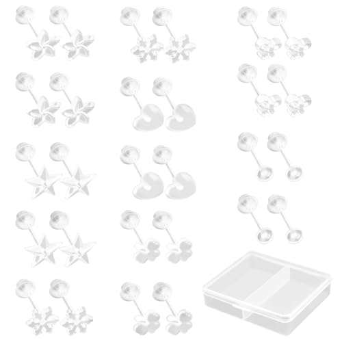 14 Pairs Clear Earrings for School, Invisible Plastic Earrings with Box Hypoallergenic Earring Clear Stud Earring for Girls Women
