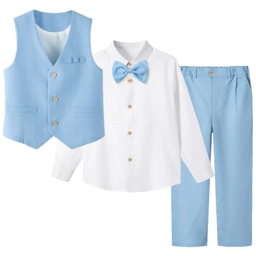 LOLANTA Traje de lino para niños, ropa de vestir de 4 piezas para niños, traje de graduación, boda, conjunto de camisa, chaleco y pantalones, pajarita, Azul/claro, 12 14