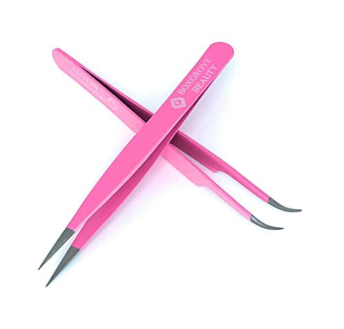 Lash Tweezers, Pack of 2 Stainless Steel Tweezers for Eyelash Extensions | Straight and Curved Tip Eyelash Tweezers | False Lash Application Tools