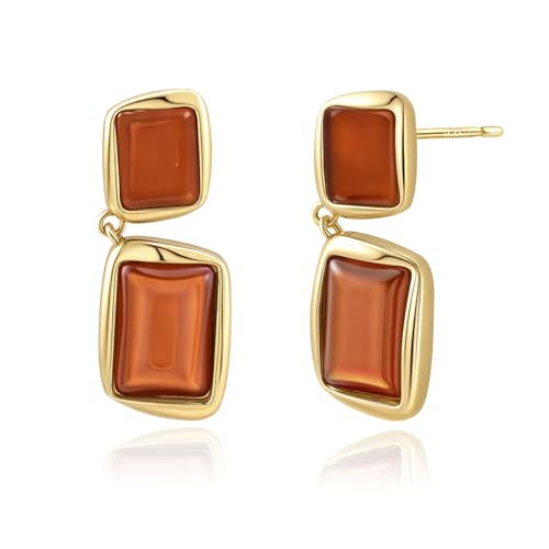 Image of Weviway Double Rectangle Drop Earrings, Amber Brown Gemstone, 14K Gold Plated, Sterling Silver Post
