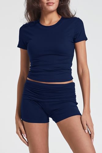 Women's Casual Workout Two Piece Outfits Slim Short Sleeve Low Waist Foldover Shorts Tracksuit Sets Streetwear4