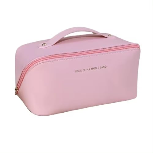 Travel-Essencials Neceser Mujer, Neceser Maquillaje Impermeable, Estuche Maquillaje de Gran Capacidad con Asa y Cremallera, Neceser de PU Ideal para Cosméticos y Artículos de Higiene (Rosa)