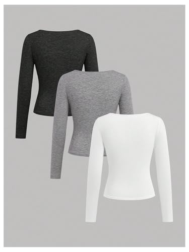 SOLY HUX Girl's 3 Piece T Shirt Square Neck Long Sleeve Ruched Tee Slim Fitted Basic Tops2