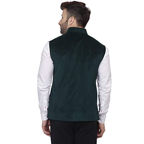 Image of Veera Paridhaan Men's Velvet Solid Green Nehru Jacket NEW