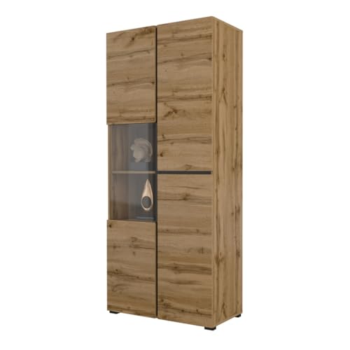 Meublorama Vitrina Alta 2 Puertas Colección Havana con LED integrado. Color roble y negro.