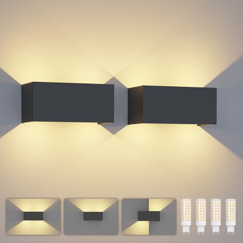 2 Piezas Aplique Pared Exterior 7W Lámpara Led, Con Haz de Luz Ajustable, IP65, Con Bombilla LED G9 Reemplazable, Carcasa Negra