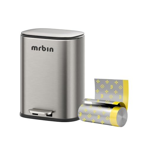 Image of MRBIN Stainless Steel Trash Can, Waste Basket for Small Bathroom Bedroom with Soft Close Lid and Foot Pedal, 6L / 1.6gal Office Garbage Bin Fingerprint-Proof Brushed Eclipse-Grey