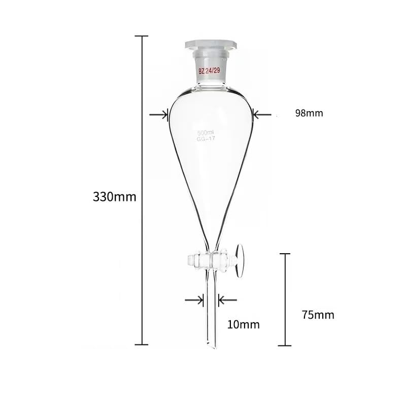 30ml to 1000ml Glass Pear-Shaped Separation Funnel with Glass and PTFE Piston - Ideal for Laboratory Use(500ml (Glass Piston))