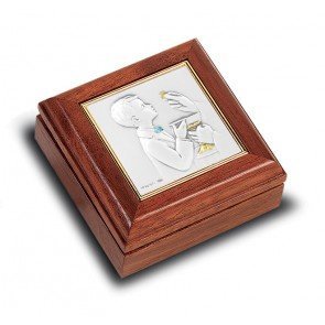 (4 5/18) Boys First Communion Walnut Rosary Keepsake Box Embossed Sterling Silver Made In Italy Leather Interior. With Exclusive Paul Herbert Copyrighted Blessing HLP
