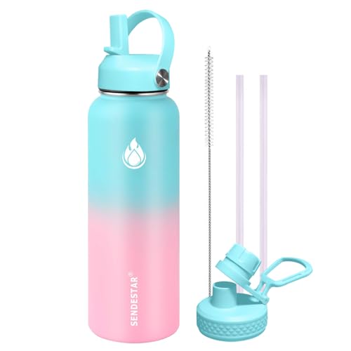 Image of SENDESTAR Water Bottle 32oz Double Wall Vacuum Insulated Leak Proof Stainless Steel Sports Water Bottle-Wide Mouth with New Flex Straw Lid & Spout Lid (Bubble Gum)
