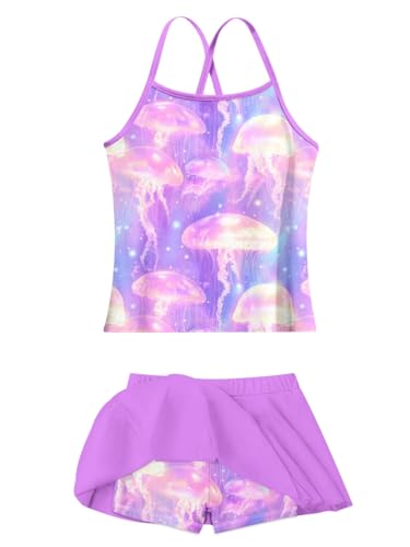 Image of Girls Tankini Swimsuit Mermaid Bathing Suits Criss-Cross Strap Adjustable Summer Beach Two Piece Swimwear Size 4-12