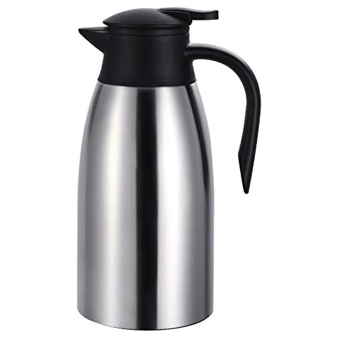 Insulated Vacuum Jug 2 Litre Stainless Steel Coffee Tea Carafe Double Walled Vacuum Pot for Coffee Tea Milk Beverages Hot Drinks, Drip-Free, Silver Cover