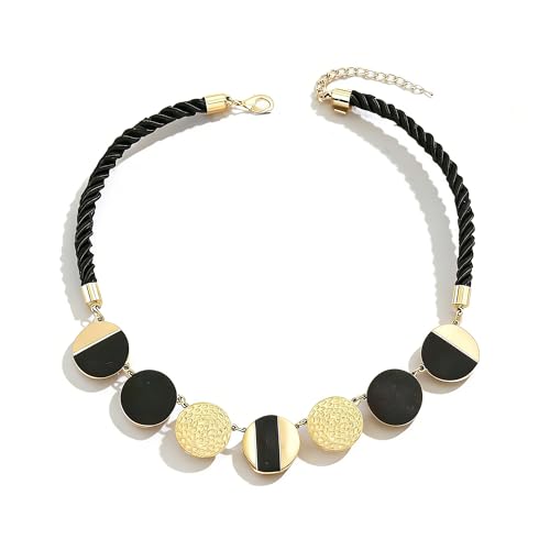 NOVYRA Chunky Gold Necklaces for Women Minimalism Gold And Black Acrylic Round Splice Statement Necklace Boho Adjustable Black Weaving Rope Chain Necklace Fashion Western Jewelry for Women (AA)