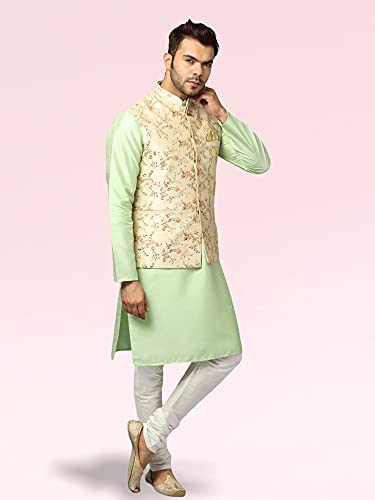 Image of Uri and MacKenzie Men's Silk Blend Regular Kurta Churidar Pyjama with Bundi Nehru Jacket /Waistcoat