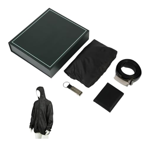 Kingsley & Harper Juego de regalo de viaje: elegante artículo esencial para el viajero con cinturón de trinquete de piel sintética, cartera plegable, impermeable negro repelente al agua, llavero