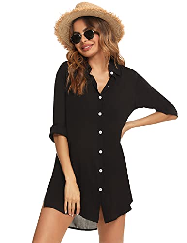 Roojaa Beachwear Bathing Suit Womens Cover Ups Swimwear Sheer Button Down Shirt Black #TOP1