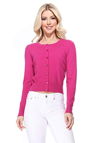 Image of Women's Cropped Cardigan Sweater - Long Sleeve Crewneck Basic Classic Casual Button Down Knit Soft Lightweight Top