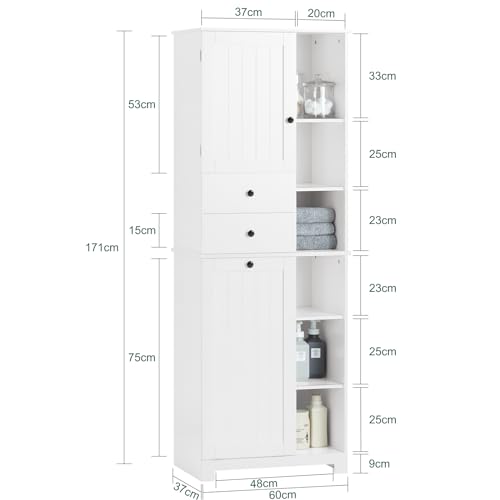 SoBuy Mueble Baño con Cesto para Ropa Sucia Armario Baño Columna Estrecho Alto Mueble Auxiliar con 6 Estantes y 2 CajonesBlanco 60x37x171 cm BZR104-W - imagen 3
