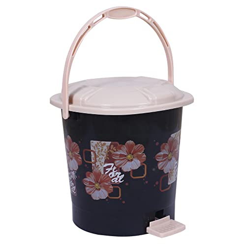 Image of Kuber Industries Durable Floral Print Plastic Pedal Dustbin|Waste Bin|Trash Can For Kitchen & Home With Handle,7 Litre (Black)
