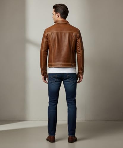 Men’s Distressed Brown Lambskin Leather Trucker Jacket - Men Genuine Vintage Motorcycle Biker Style Western Jackets4